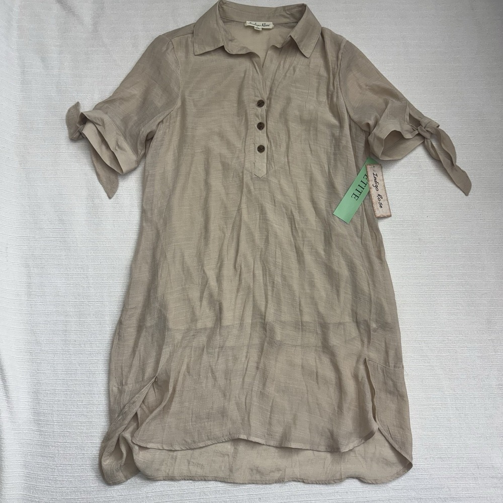 Indigo Rose Shirt Dress Petite Large Beige Hi Low Tie Sleeve Tunic NWT
